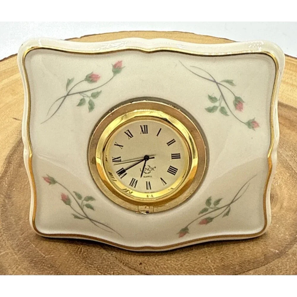 Vintage LENOX Petite Porcelain Table Clock -Rose Manor Floral Pattern 3 3/4